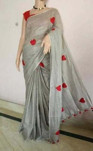 Fancy Grey Linen Saree with Red Heart by National Handloom House