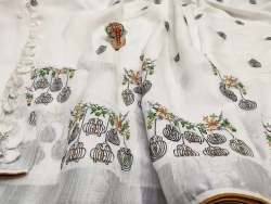 Party Wear White Linen Embroidered saree 