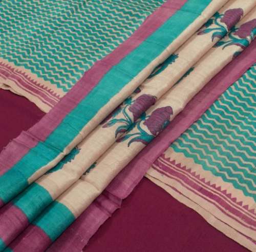 Tussar Hand Block Printed Dress Material by Avishya