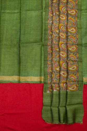 Tussar Silk Green Hand Block Printed Dress Material by Avishya