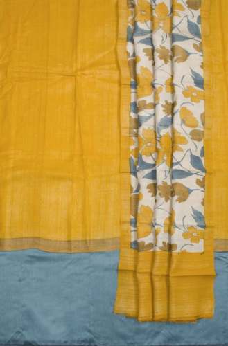 Yellow Hand Block Printed Tussar Silk Dress Material by Avishya