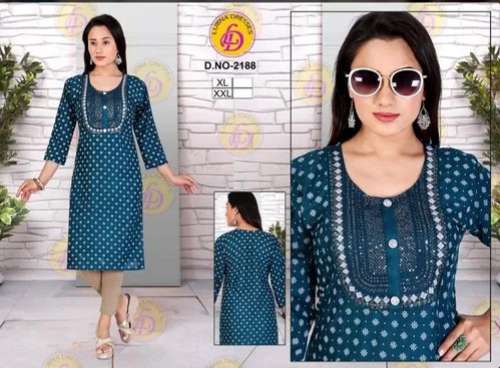 Blue color fancy Printed Cotton Kurtis  by Muneer Traders