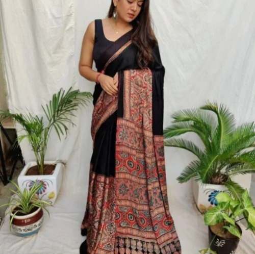 Black Ajrakh Printed Cotton Saree for ladies  by Khatri Vakas Jumabhai