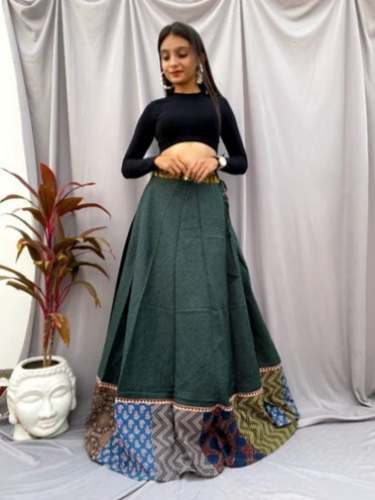 Dark Green Cotton Ajrakh Printed Long Skirt by Khatri Vakas Jumabhai