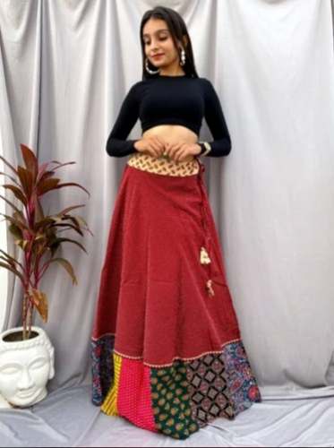 Maroon color Cotton Ajrakh Printed Long Skirt by Khatri Vakas Jumabhai