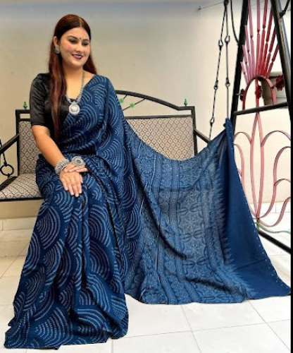 Blue Printed Georgette Saree For Women by Lahar Chanderi Saree