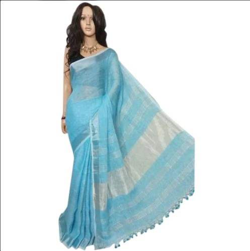 Fancy Sky Blue Linen Printed Saree For Women