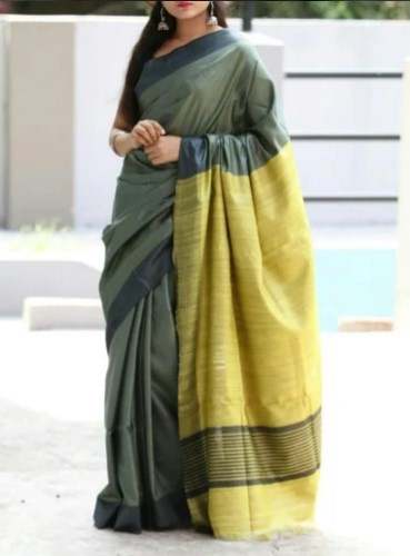 Grass Green Tussar Silk Plain Party Wear Saree 