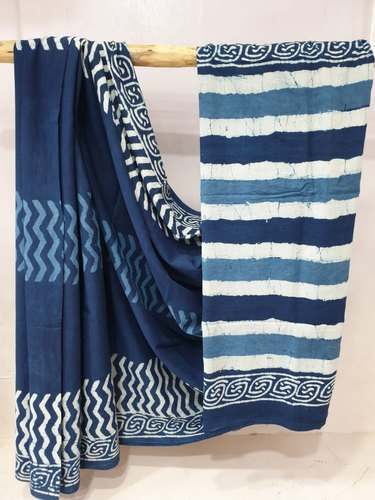 Blue Cotton Block printed Saree by Archana Collections