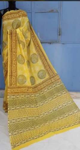 Yellow color Mulmul Cotton saree by Shiv Printers