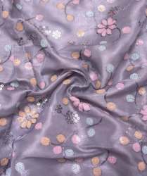 Grey Floral Embroidery Organza Silk Fabric