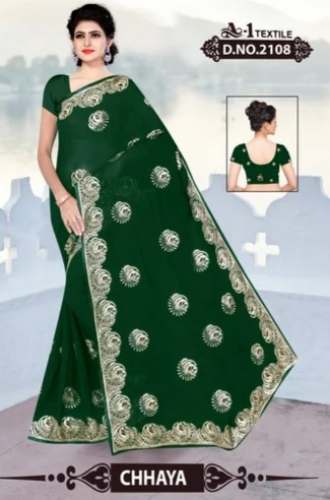 Dark Green Embroidery 60 Gram Diamond Work Saree by A1 Textile