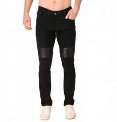 Black Leather Patch Slim Fit Mens Jeans
