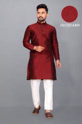 Plain Maroon Jacquard Cotton Kurta For Mens