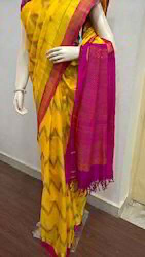 Pink and Yellow Silk Cotton Saree by Buvanagiri Handlooms