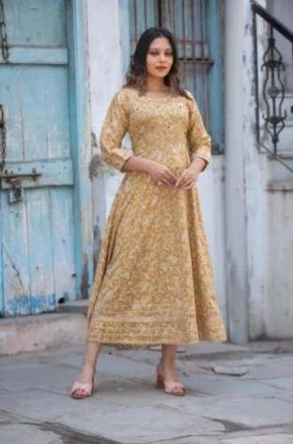 Yellow Silk Jaipuri Printed Long Kurti For Women by Meru Creation