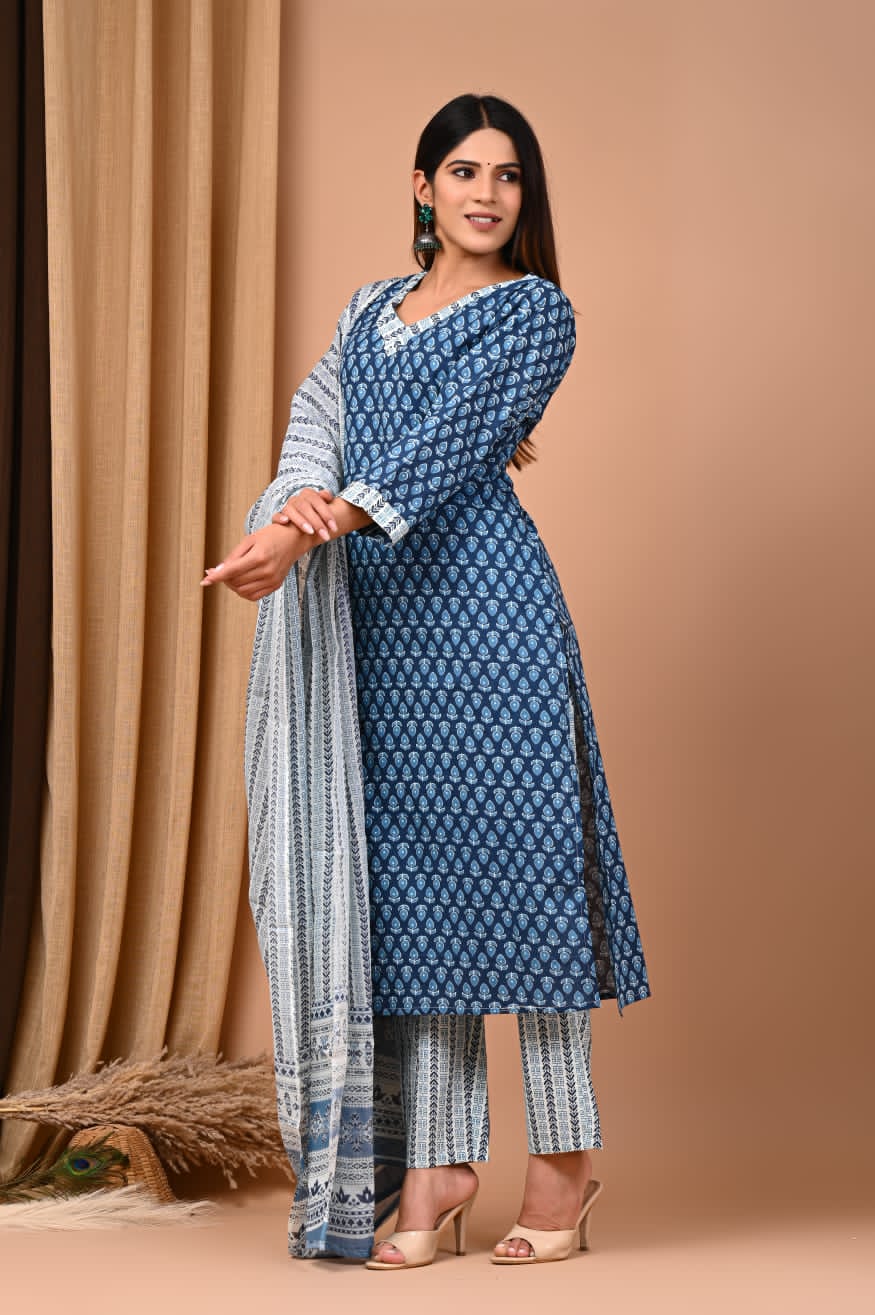 floral handblock printed suit with cotton dupatta