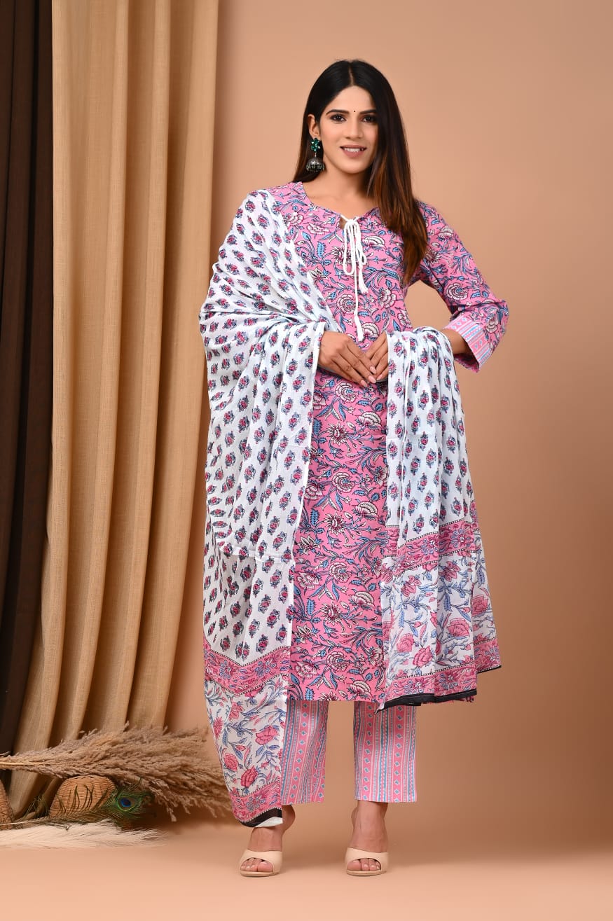 floral handblock printed suit with cotton mulmul dupatta