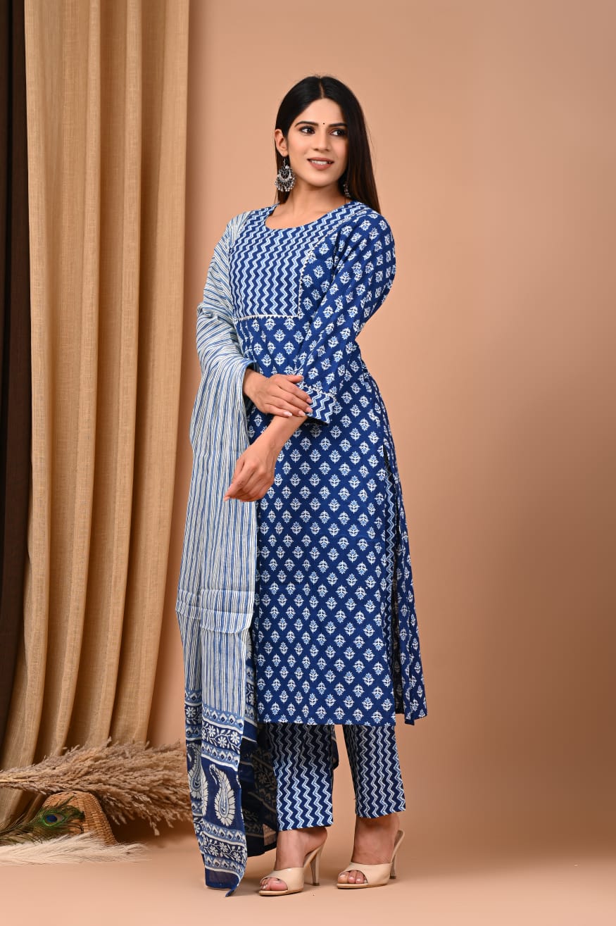 floral handblock printed suit with mulmul cotton dupatta