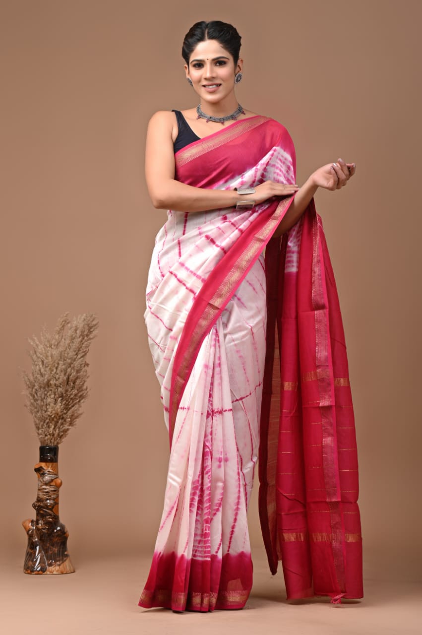 Tye Dye Hand Block Printed Maheshwari Saree by print factory bagru