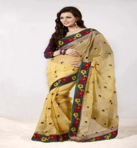 Designer Golden Net Work Saree For Ladies by Ankur Sen Designs