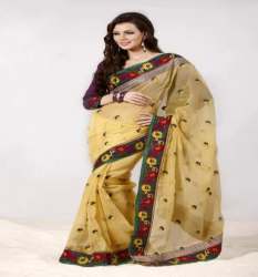 Designer Golden Net Work Saree For Ladies