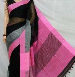Plain Linen Black And Pink Saree For Women