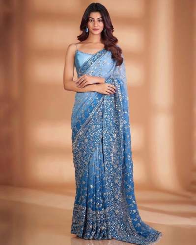 Padding Blue Georgette Embroidered Sonam Saree  by SHREE SALASAR CREATION