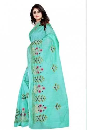 Cotton Sky Blue Embroidery Saree For Women by Flyingwing Enterprise