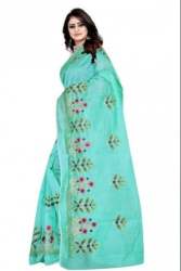 Cotton Sky Blue Embroidery Saree For Women