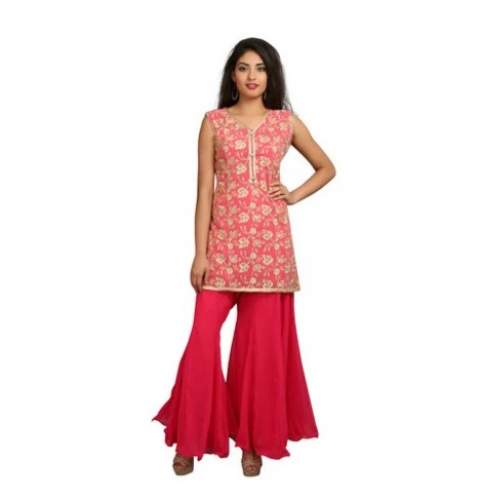 Anarkali Cotton Embellished Pink Sleeveless Kurti
