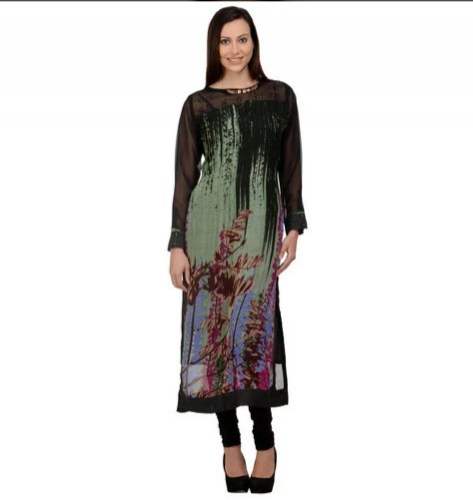 New Collection Printed Black Straight Kurti With Net Blouse by Jai Hind Garments