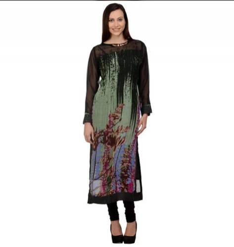 New Collection Printed Black Straight Kurti With Net Blouse