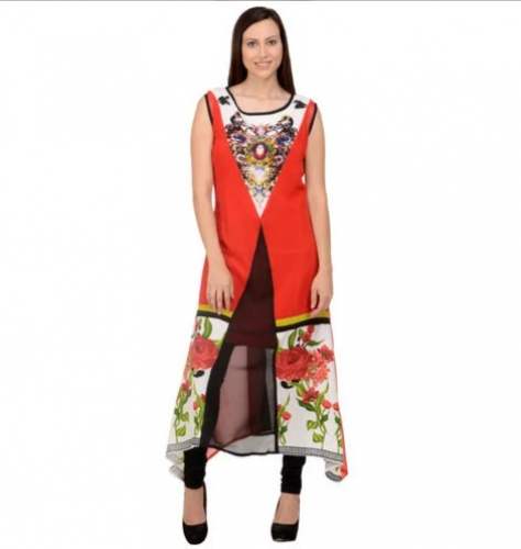 New Collection Printed Orange Sleeveless Kurti For Women