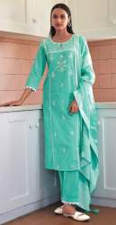 Pure Mul Cotton Embroidered Teal Green Four Button Kurti 