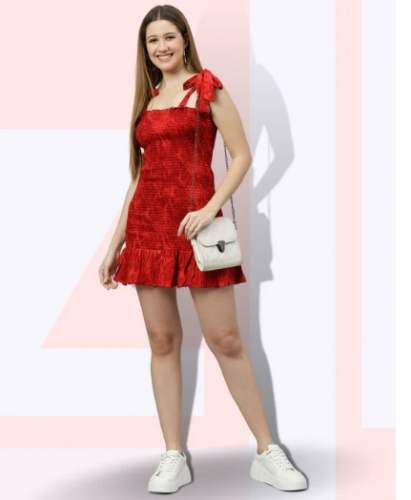 Rayon Strap Red Smocked Dress 
