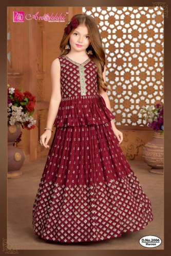 Maroon Peplum Top with Lehenga For Kids Girls 