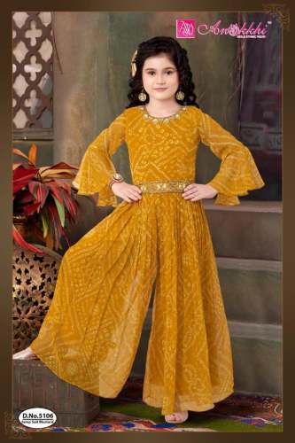 Mustard Bandhej Pattern Kids Girl Ethnic Jumpsuit by Anokkhi Girls Wear