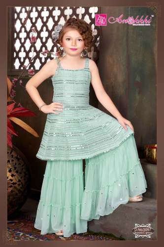 Sea Green Mirror Work Baby Girl Sharara Suit  by Anokkhi Girls Wear