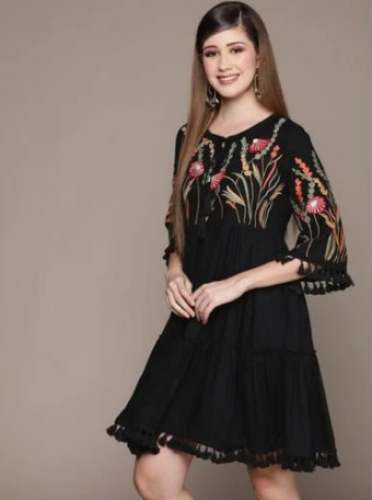 Women A Line Embroidered Rayon Kurti  