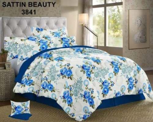 Blue Floral Printed Satin Double Bed Sheet