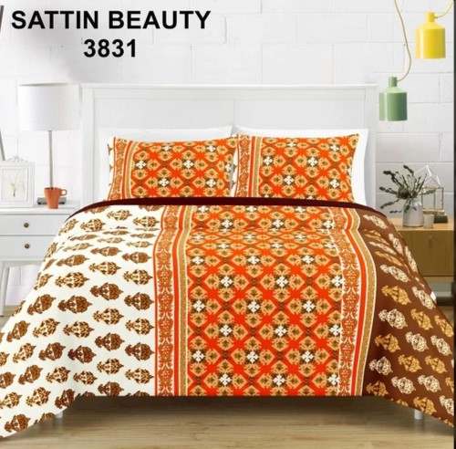 Multi Color Orange Satin Printed Bed Sheet