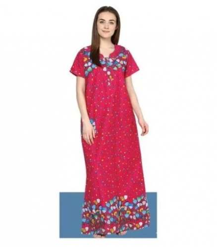 Pink Printed Half Sleeve Cotton Nighty by Rasathe Garments