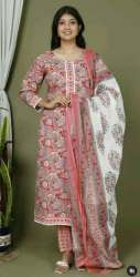 3pcs Jaipuri Cotton Kurti Pant Set With Dupatta Set 