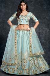 Designer Sky Blue Italian Silk Lehenga Choli by Aahvan Designs