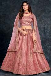 Pretty Peach Italian Silk Embroidered Lehenga by Aahvan Design