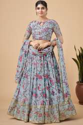 Sky Blue Floral Print Georgette Base Designer Lehenga Choli 