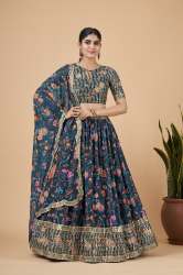 Teal Floral Print Georgette Base Designer Lehenga Choli 