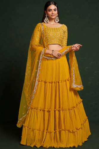 YELLOW GEORGETTE DESIGNER SEQUENCE WORK LEHENGA CHOLI by Aahvan Designs