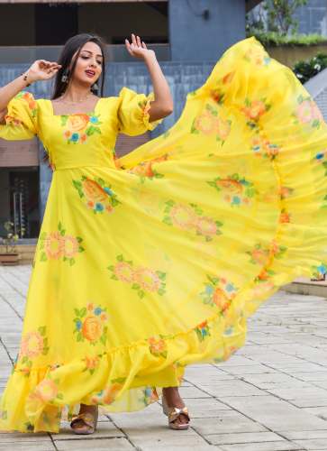 Yellow Organza Printed Maxidress Kurti